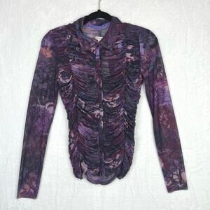 Pilcro Collared Mesh Buttondown‎ Shirt Purple Ruched